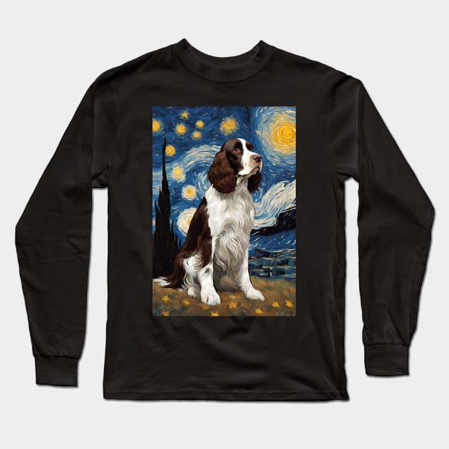 English Springer Spaniel Dog Breed Painting in a Van Gogh Starry Night Art Style Long Sleeve T-Shirt by Art-Jiyuu